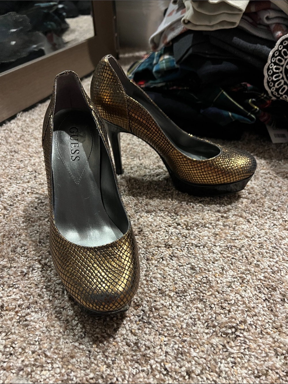 GUESS Gold Snake-Embossed Platform Pumps